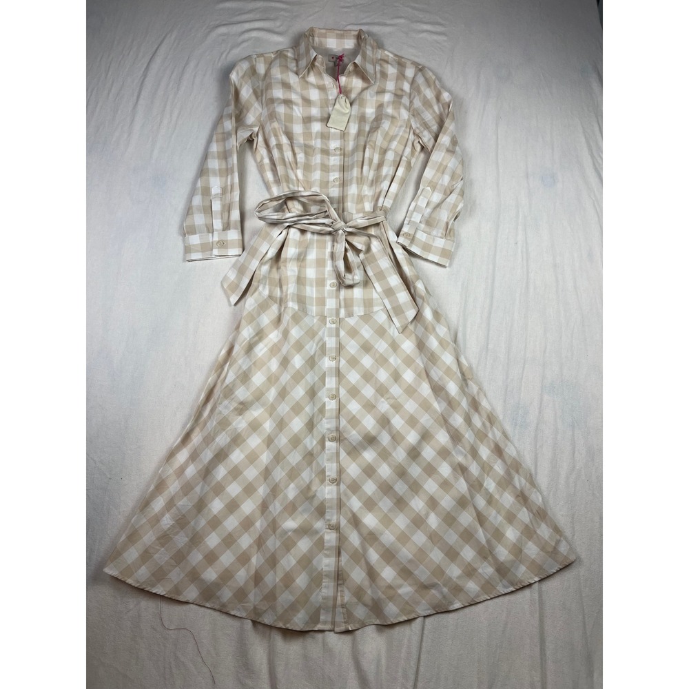 Cremieux Tan Gingham Cotton‎ Shirtdress Midi Long Sleeve Belted NWT Size 0